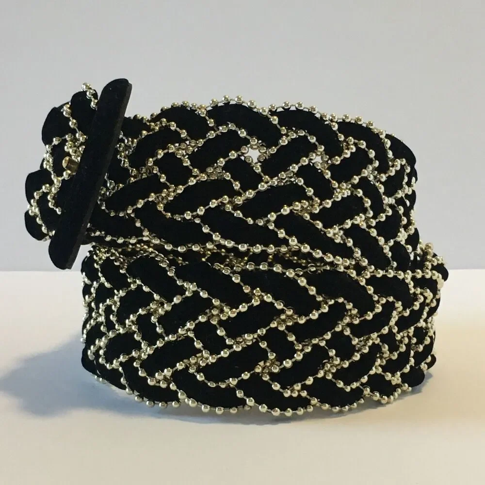 Vintage Amanda Smith Womens Belt Black Felt and Thin Gold Beading Woven Size S/M